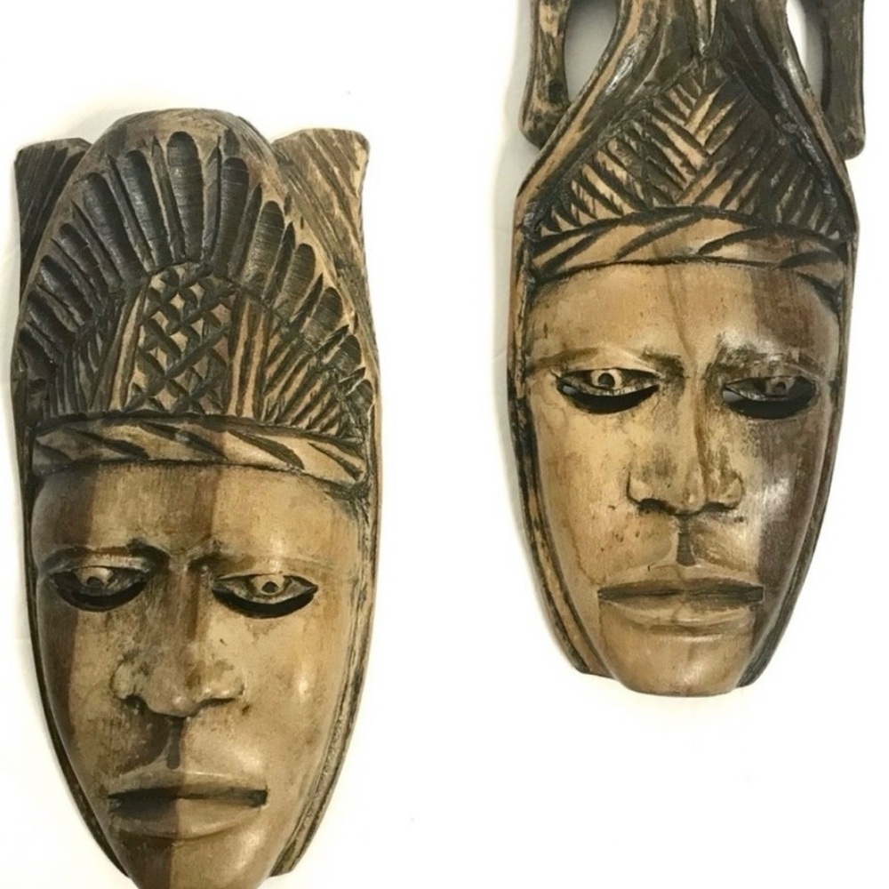 Vintage Masks Hand Carved Wooden Tribal Faces Exotic Folk Art Pair Sculptures - Picture 4 of 8